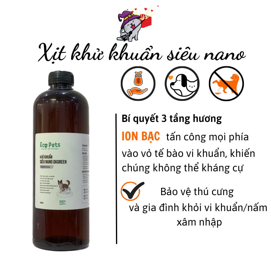 Xịt khử mùi hôi chó mèo siêu nano DKGREEN vệ sinh ổ nằm nệm cát phân chó mèo PhuThuyMeo