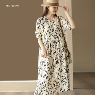 Đầm liền ngắn tay KAMAKA cổ tròn in hoa lá khuy cài - NU8928