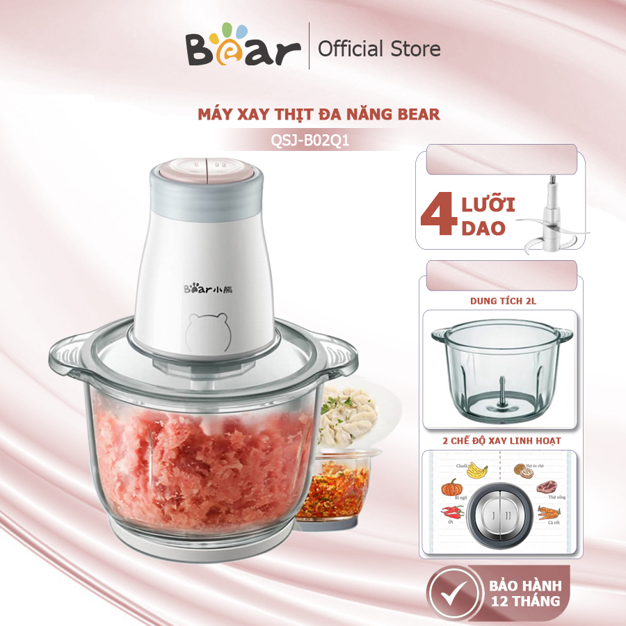 Máy Xay Thịt Đa Năng Bear QSJ-B02Q1 Gồm 4 Lưỡi Kép 2L Xay Thịt Rau Củ Quả Tiện Lợi