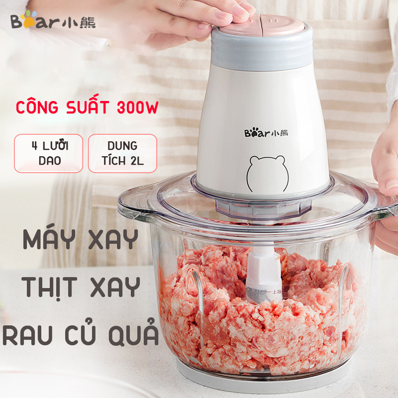 Máy Xay Thịt, Máy Xay Thực Phẩm Dung Tích 2L Bear QSJ-B02Q1 Cối Thuỷ Tinh Lưỡi Dao Kéo 4 Cánh Chính Hãng