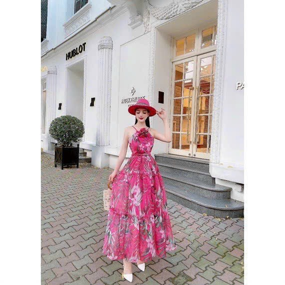 Đầm voan hoa cổ yếm, đầm hở lưng thiết kế dáng dài maxi cho nàng đi biển đi du lịch xinh xắn- thời trang Minh Phúc