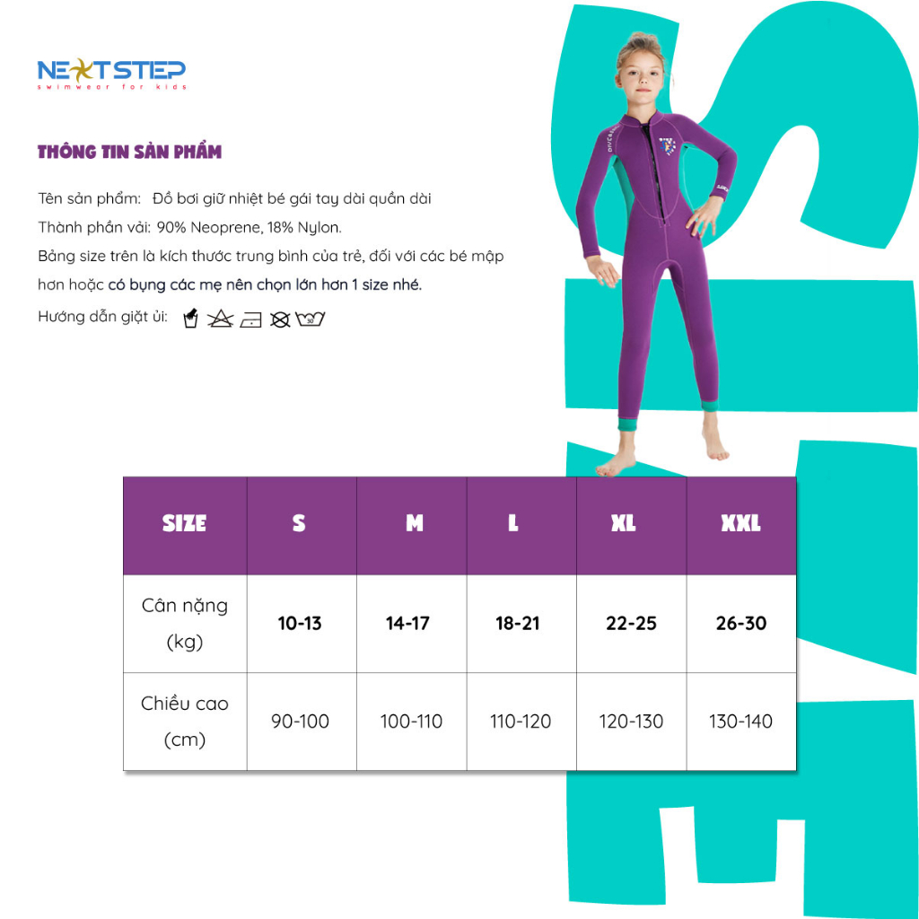 Đồ bơi giữ nhiệt bé gái tay dài quần dài dây kéo trước dày 2.5mm chống UV hiệu Dive & Sail M153576