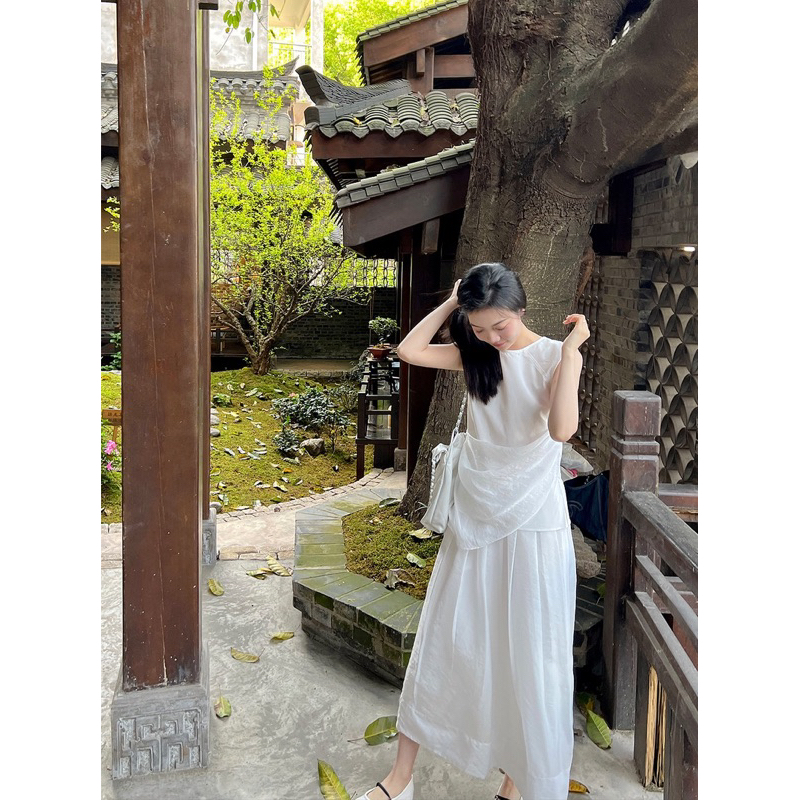 Set áo tơ hàn nhúm mix chân váy dáng dài