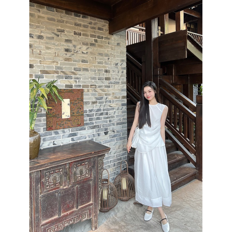 Set áo tơ hàn nhúm mix chân váy dáng dài