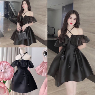  Đầm dự tiệc dáng xoè trễ vai phối viền bèo đính nơ hồ điệp Váy công chúa hở vai chất tafta đi đám cưới kỉ yếu babydoll 