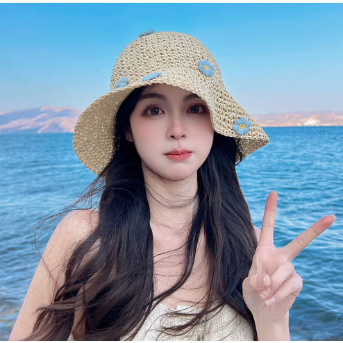 Mũ cói  thủ công mềm đi biển phong cách vintage thêu hoa siêu dễ thương xinh xắn