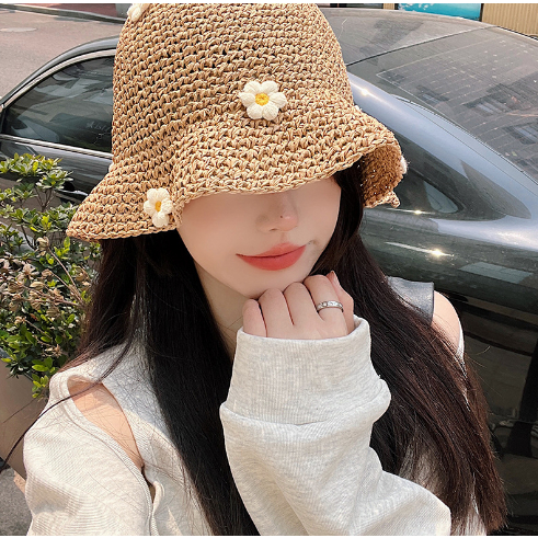 Mũ cói  thủ công mềm đi biển phong cách vintage thêu hoa siêu dễ thương xinh xắn