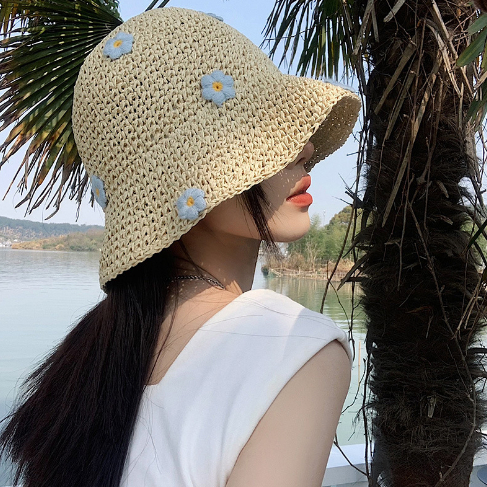 Mũ cói  thủ công mềm đi biển phong cách vintage thêu hoa siêu dễ thương xinh xắn