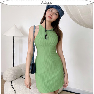 Đầm cổ yếm sát nách form A nhẹ chất thun gân mềm co giãn-Feliza clothing