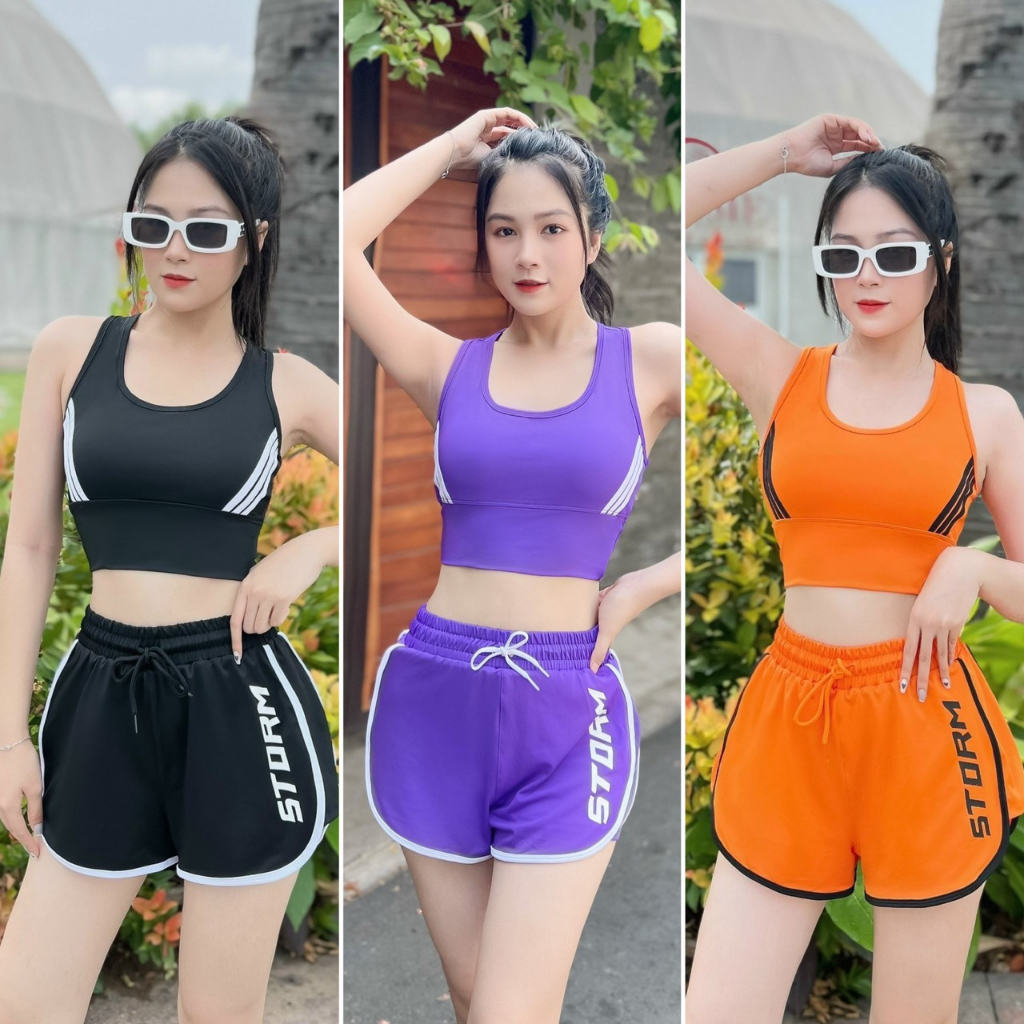 Quần áo tập gym, yoga, aerobic - Bộ tập aerobic nữ quần đùi 2 lớp , chất mát co giãn 4 chiều tặng kèm mút