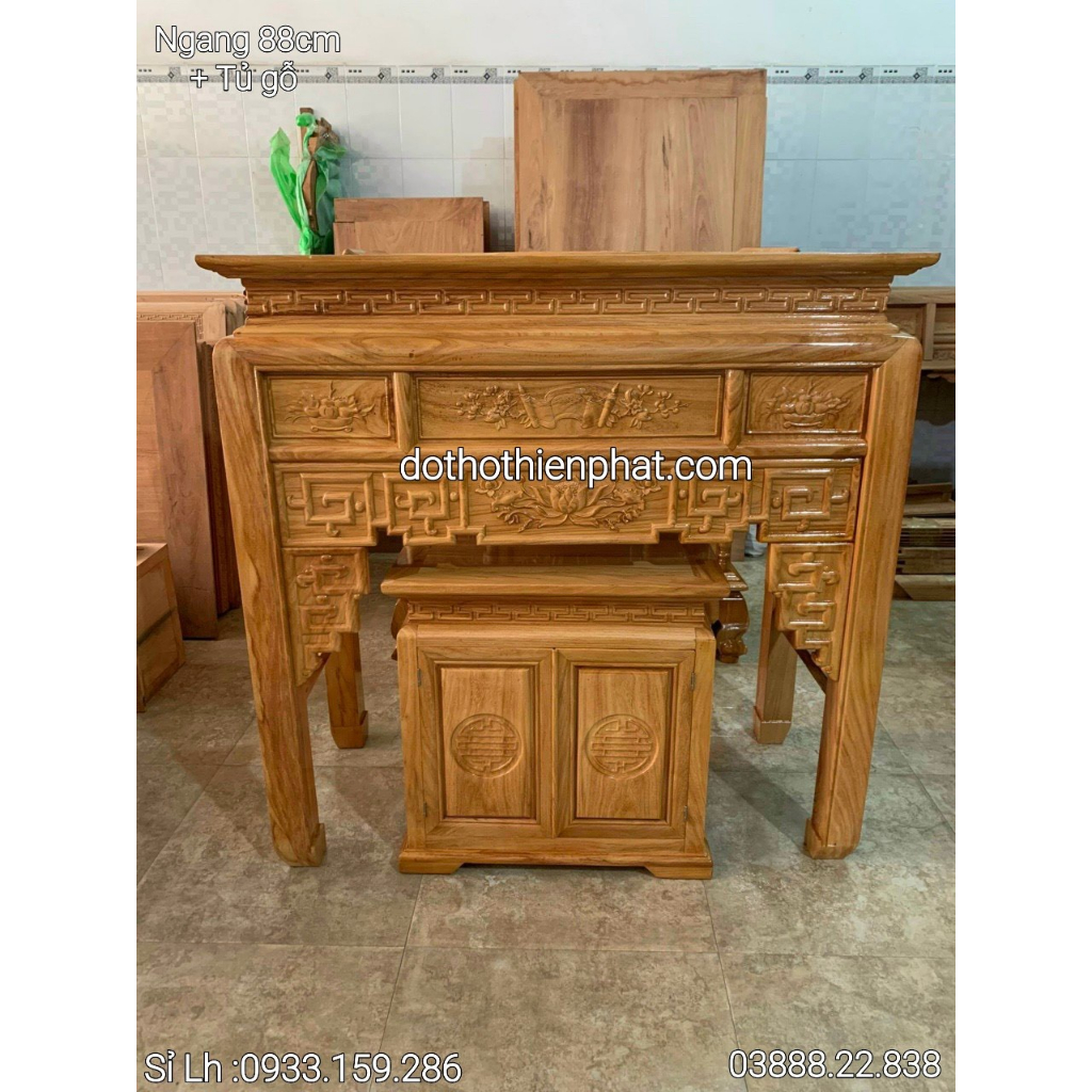 Bàn thờ gia tiên 88×107 gỗ gõ đỏ hàng xịn(loại 1) 1 tầng + tủ thờ