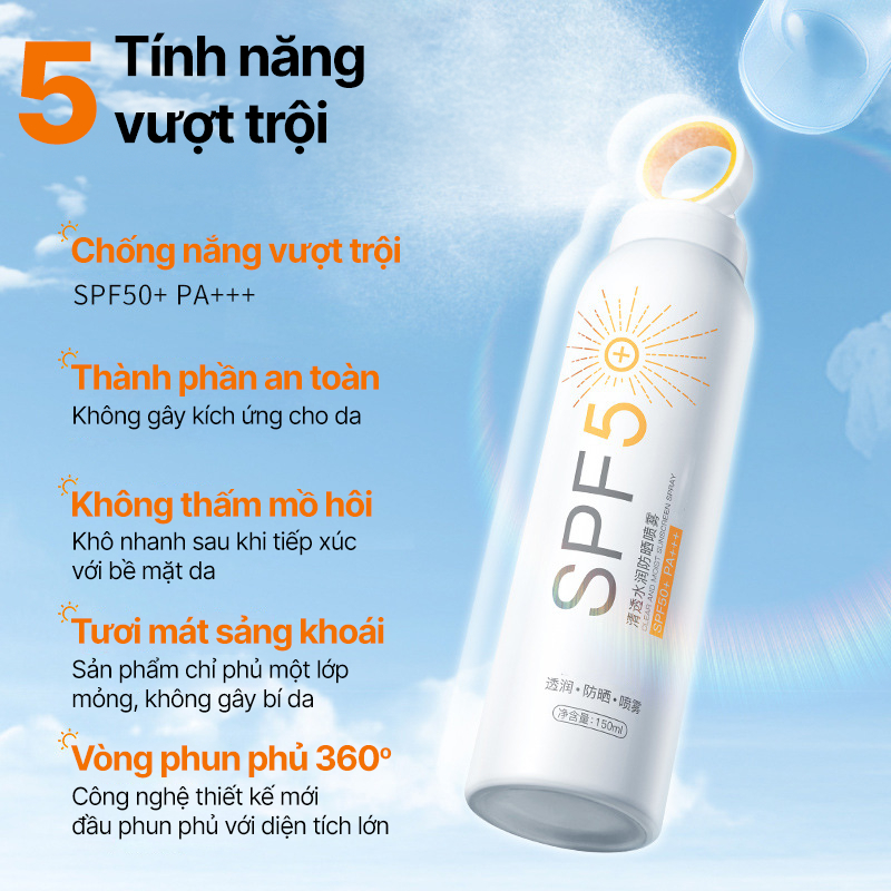 Xịt Chống Nắng Vshell SPF50+ PA+++ 150ml dùng cho cả mặt và body tất cả các loại da