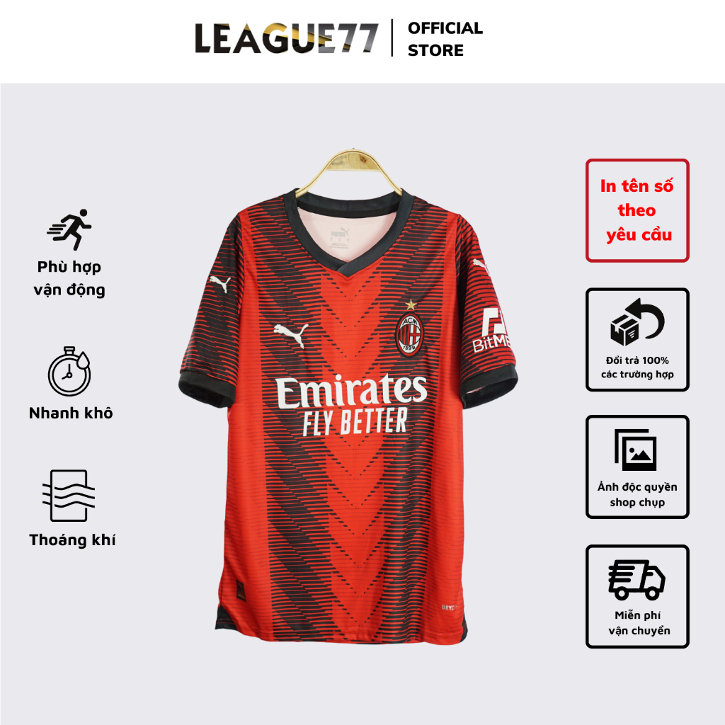 Áo AC Milan Leaguestore - bộ quần áo đá bóng sân nhà ACM màu đỏ sọc đen form âu mùa 23/24