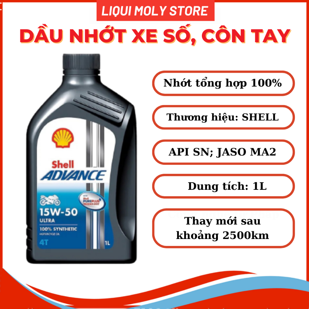 Nhớt tổng hợp cao cấp Shell Advance Ultra 15W50 dành cho moto, xe côn tay sản xuất tại Thái Lan