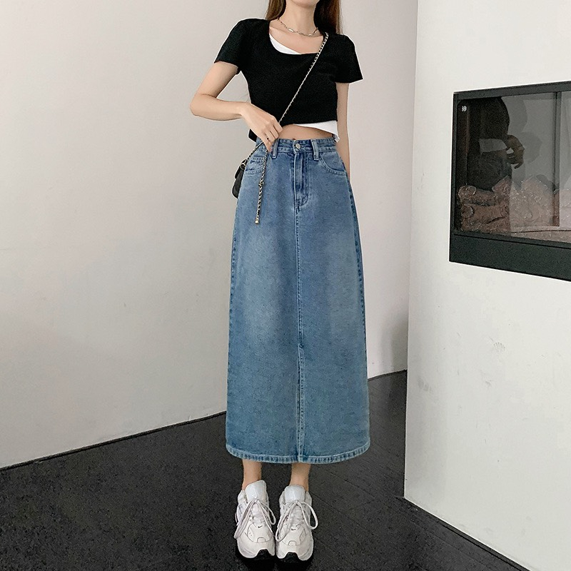 Chân Váy Jean Winshop1997 Chân Váy  Dài Qua Gối Xẻ Trước Thời Trang Phong Cách Hàn Quốc XT2