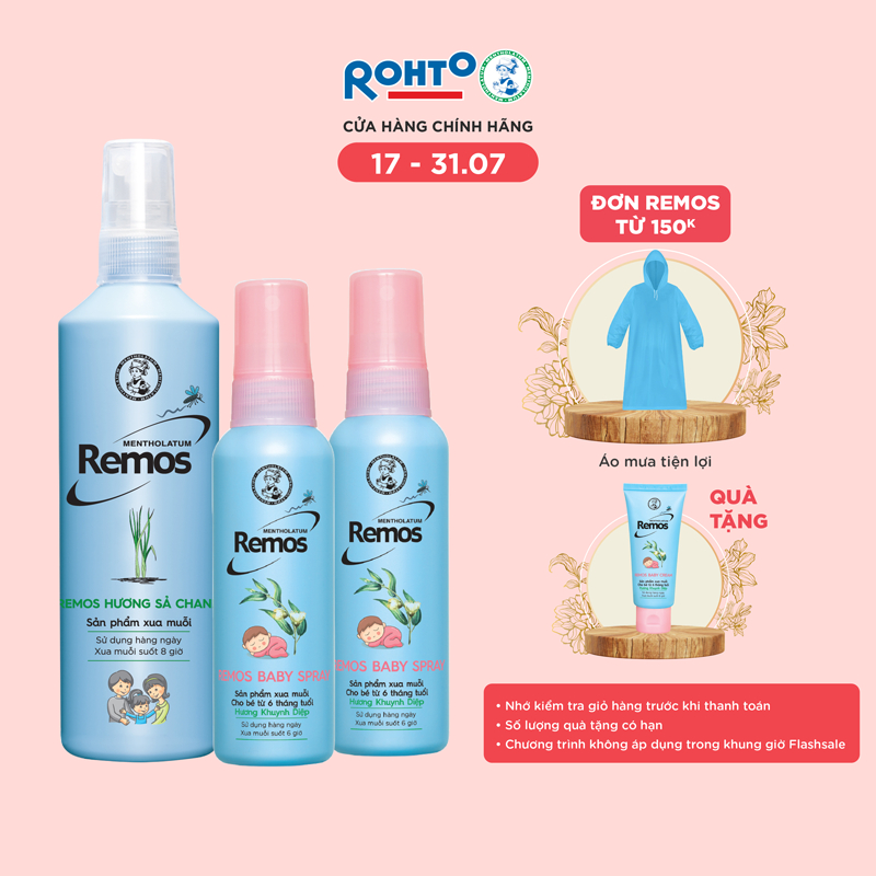 [VB] Bộ 3 sản phẩm Chống muỗi dạng xịt Remos:Remos Sả Chanh 150ml+2 Remos Baby Spray 60ml+TẶNG Kem chống muỗi Remos Baby