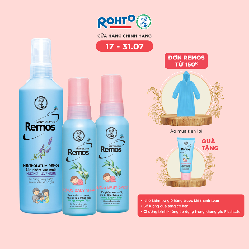 [VB] Bộ 3 sản phẩm Chống muỗi dạng xịt Remos:Remos Lavender 150ml+2 Remos Baby Spray 60ml+TẶNG Kem chống muỗi Remos Baby