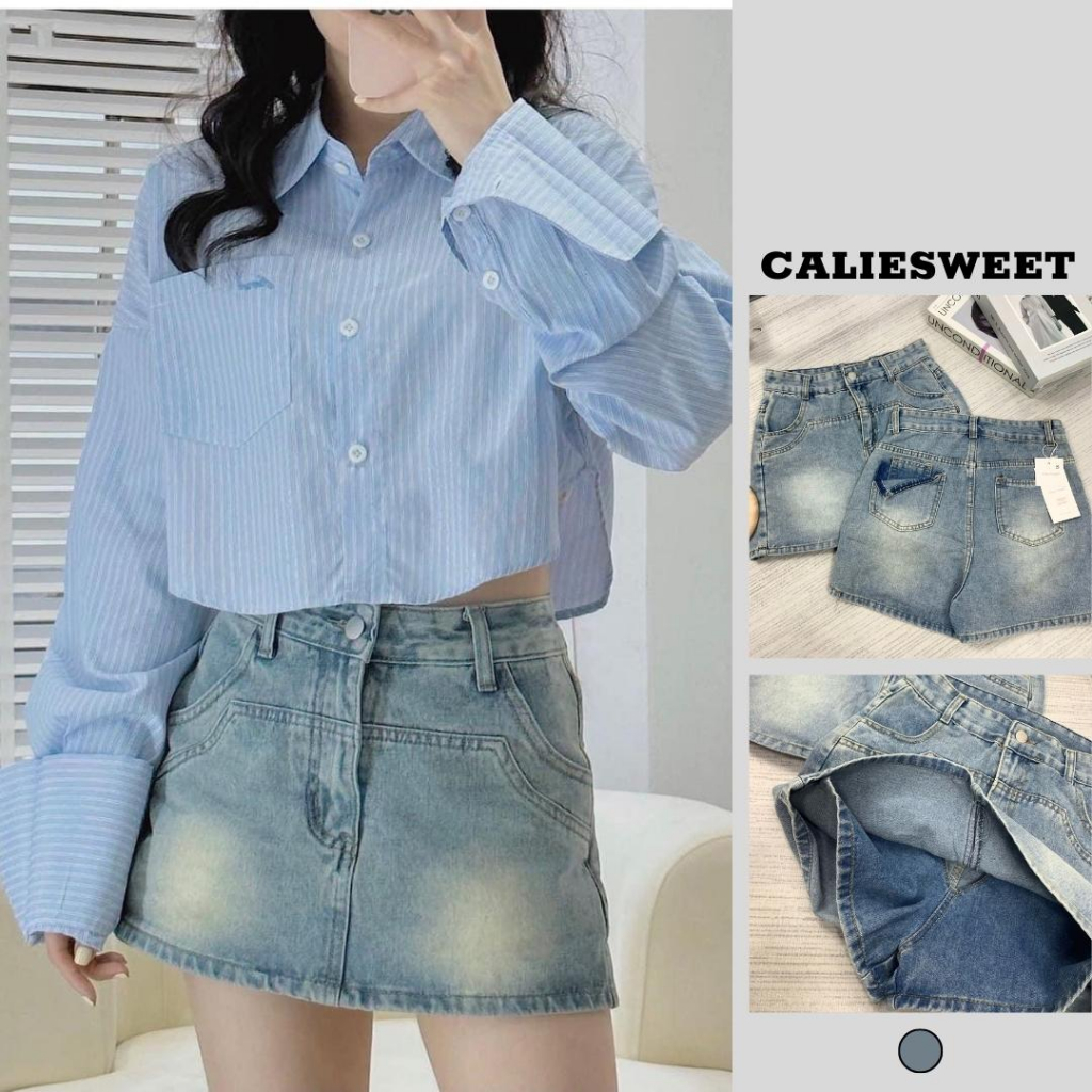 Quần jean giả váy Caliesweet quần jean ngắn cạp cao tôn dáng phong cách Hàn Quốc CLQ0014Q