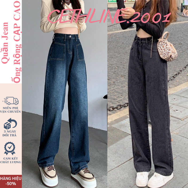 Quần jean nữ ống suông rộng cạp cao CETHLINE,quần bò jeans nữ Xám ống rộng phong cách Retro Ulzzang 2023