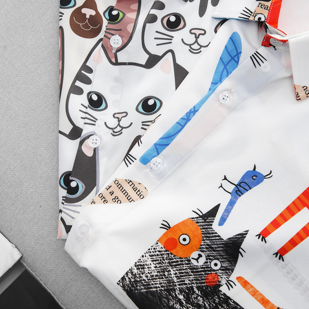 Áo sơ mi tay ngắn họa tiết mèo unisex bigsize nam cỡ đại 140kg