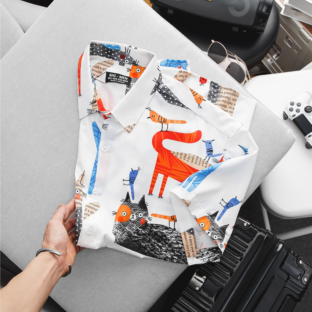 Áo sơ mi tay ngắn họa tiết mèo unisex bigsize nam cỡ đại 140kg