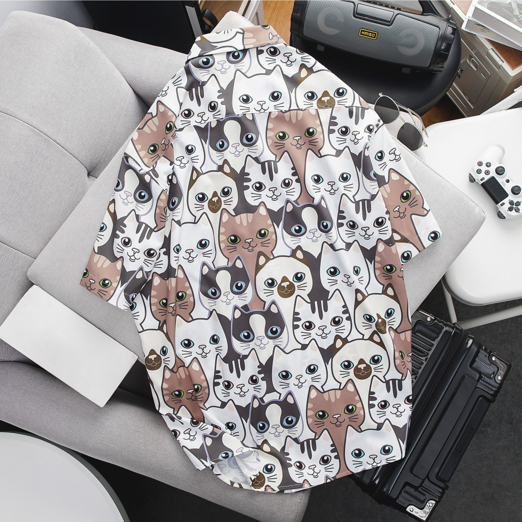 Áo sơ mi tay ngắn họa tiết mèo unisex bigsize nam cỡ đại 140kg