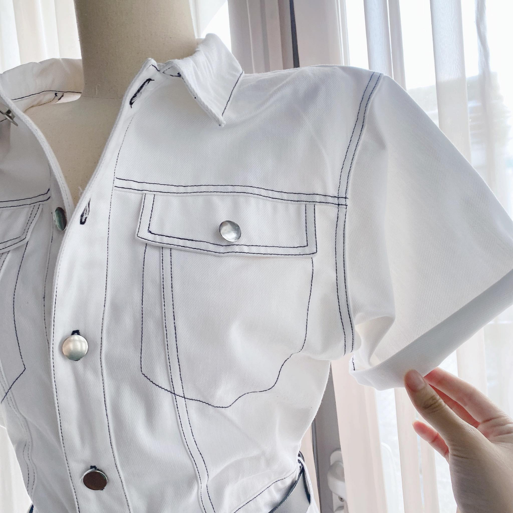 JUMPSUIT TRẮNG CỔ SƠ MI VIỀN ĐEN KÈM BELT