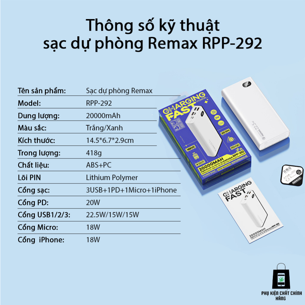 Sạc Dự Phòng 20000mAh, Pin Dự Phòng RPP-292 Sạc Nhanh PD 22.5W Nhiều Thiết Bị - Bảo Hành 12 Tháng.