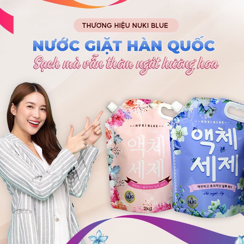 Túi Nước Giặt Xả Hàn Quốc Nuki Blue 2kg Lưu Hương Đậm Sâu, Làm Mềm Vải Giữ Màu Quần Áo và Không Gây Kích Ứng Da