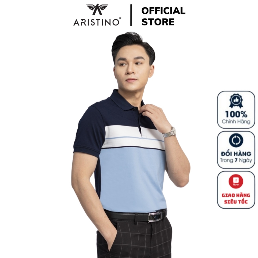 Áo thun polo nam Aristino APS124S3 ngắn tay cổ bẻ dáng suông vừa Xanh tím than 29 Kẻ Jacquard vải cotton cao cấp