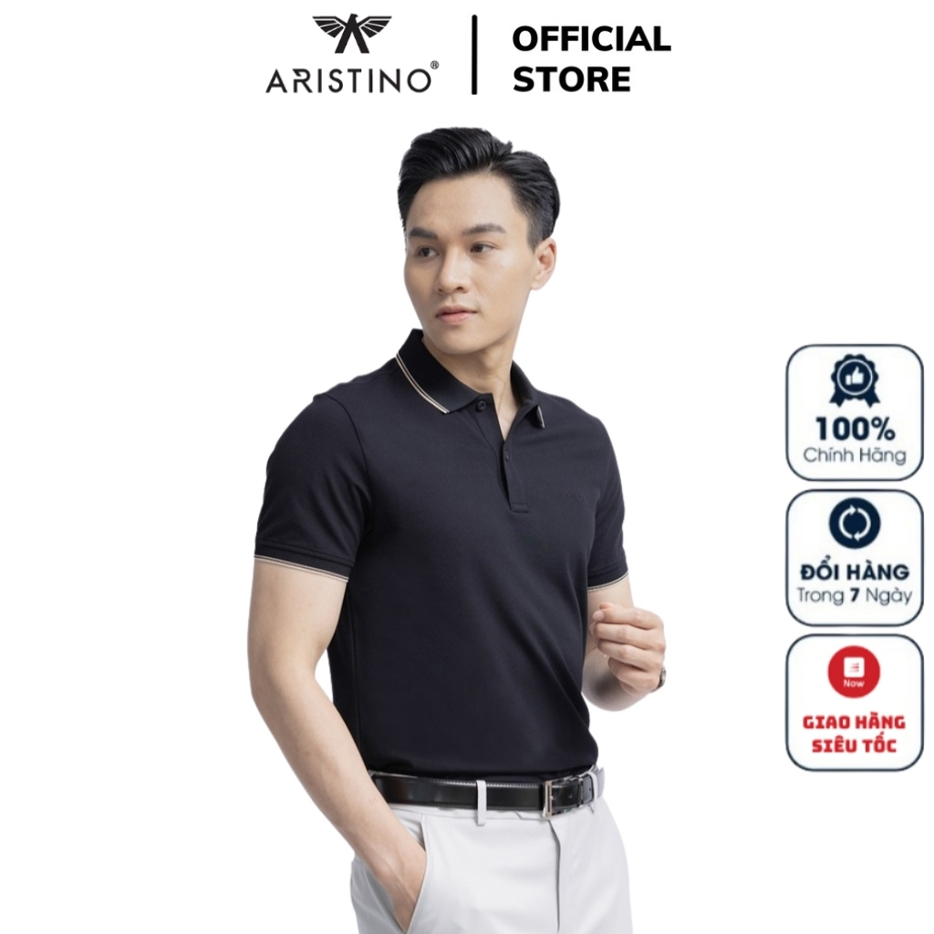 Áo thun polo nam Aristino APS035S3 ngắn tay cổ bẻ dáng suông vừa Đen 1, Xanh biển 67 vải cotton cao cấp