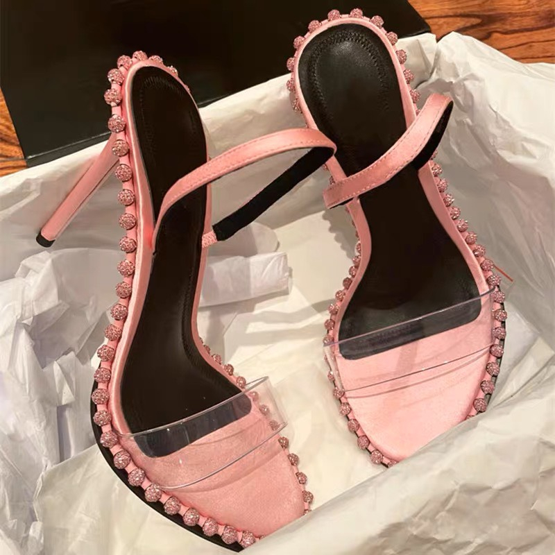 S038 Giày sandal cao gót 8cm dây quai trong có đính đá tròn xung quanh viền giúp thêm phần sang chành điệu đà nữ tính