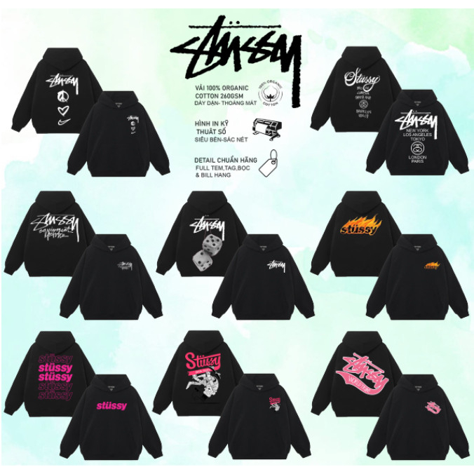 Áo Hoodie Stussy Nỉ Bông Dày Form rộng 2 lớp Unisex giữ ấm chống nắng 2023
