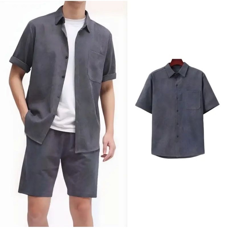 Bộ sơ mi nhung tăm cộc tay nam có túi ngực unisex