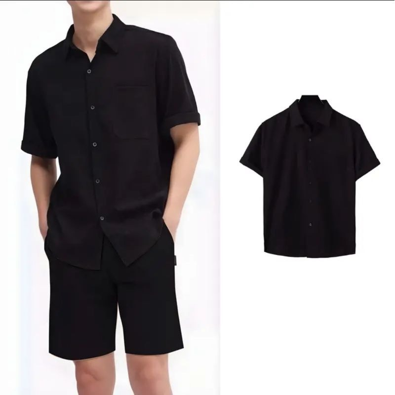 Bộ sơ mi nhung tăm cộc tay nam có túi ngực unisex