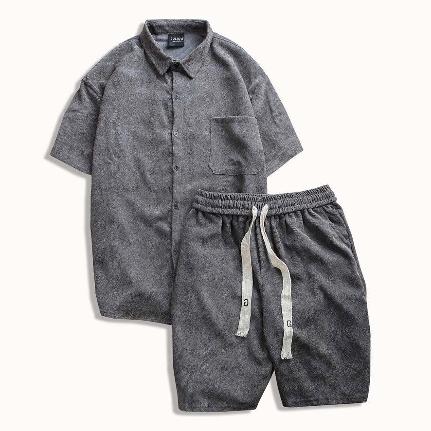 Bộ sơ mi nhung tăm cộc tay nam có túi ngực unisex