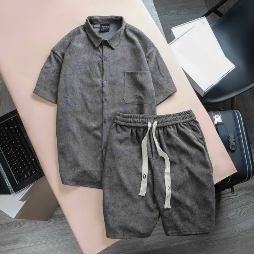 Bộ sơ mi nhung tăm cộc tay nam có túi ngực unisex