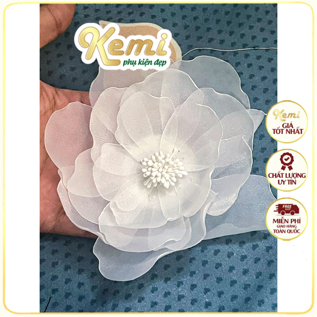 Hoa mộc lan cánh voan lụa size 12 cm trang trí váy đầm, cài tóc, giầy, nơ handmade