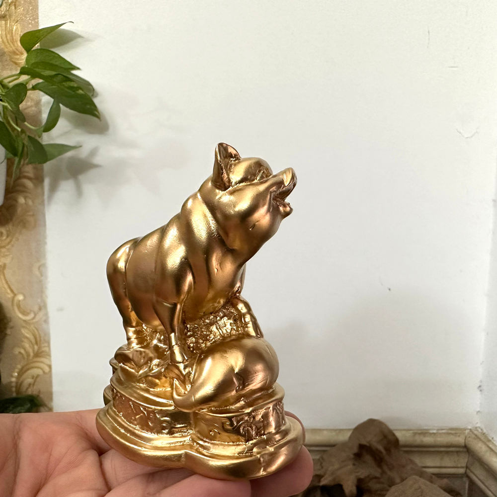 Tượng đá con heo tượng đá trang trí phong thủy bàn làm việc - Chiều Cao 9cm - Màu nhũ đồng