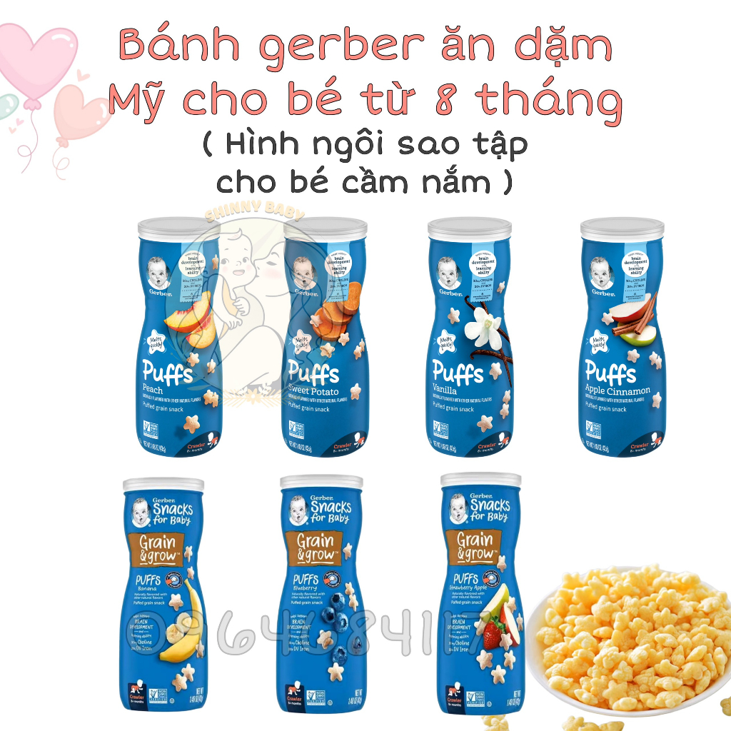 Date 1-7 24 Bánh ăn dặm Gerber Puffs hình ngôi sao đủ vị trái cây của Mỹ