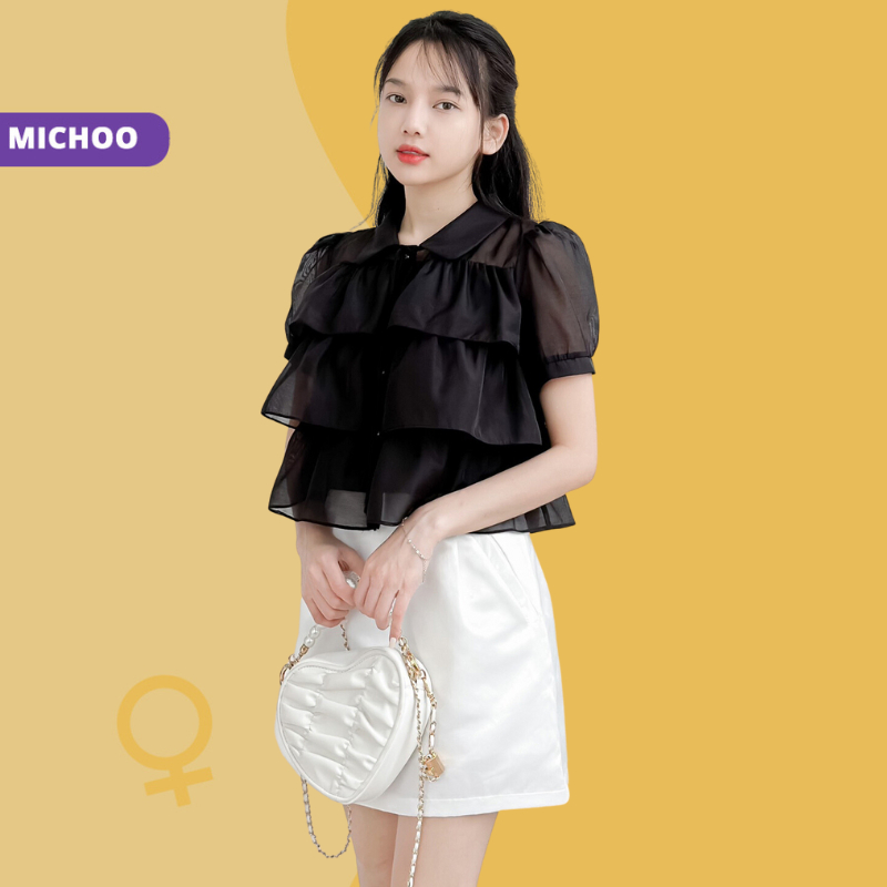 Áo Sơ Mi Voan 3 Tầng MICHOO Cổ Sen Phối Nơ 4 Màu