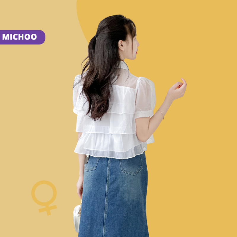 Áo Sơ Mi Voan 3 Tầng MICHOO Cổ Sen Phối Nơ 4 Màu