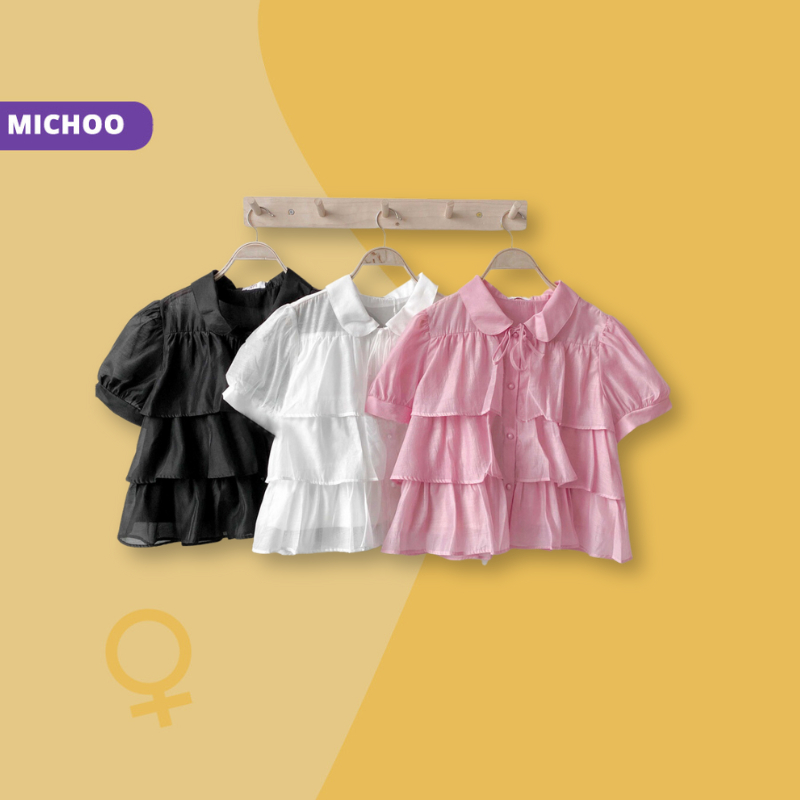 Áo Sơ Mi Voan 3 Tầng MICHOO Cổ Sen Phối Nơ 4 Màu