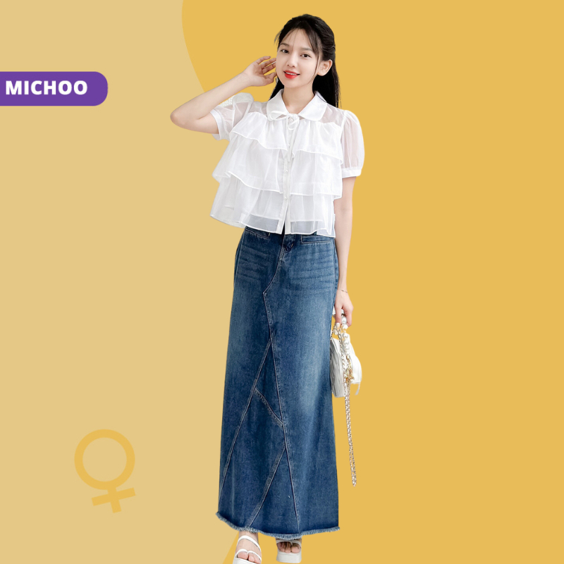 Áo Sơ Mi Voan 3 Tầng MICHOO Cổ Sen Phối Nơ 4 Màu