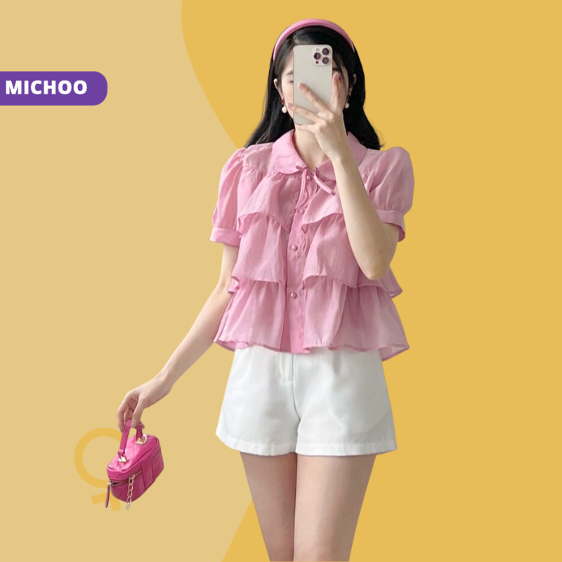 Áo Sơ Mi Voan 3 Tầng MICHOO Cổ Sen Phối Nơ 4 Màu