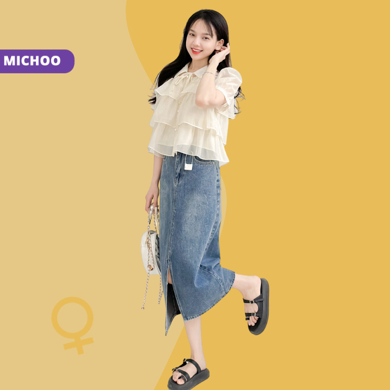 Áo Sơ Mi Voan 3 Tầng MICHOO Cổ Sen Phối Nơ 4 Màu