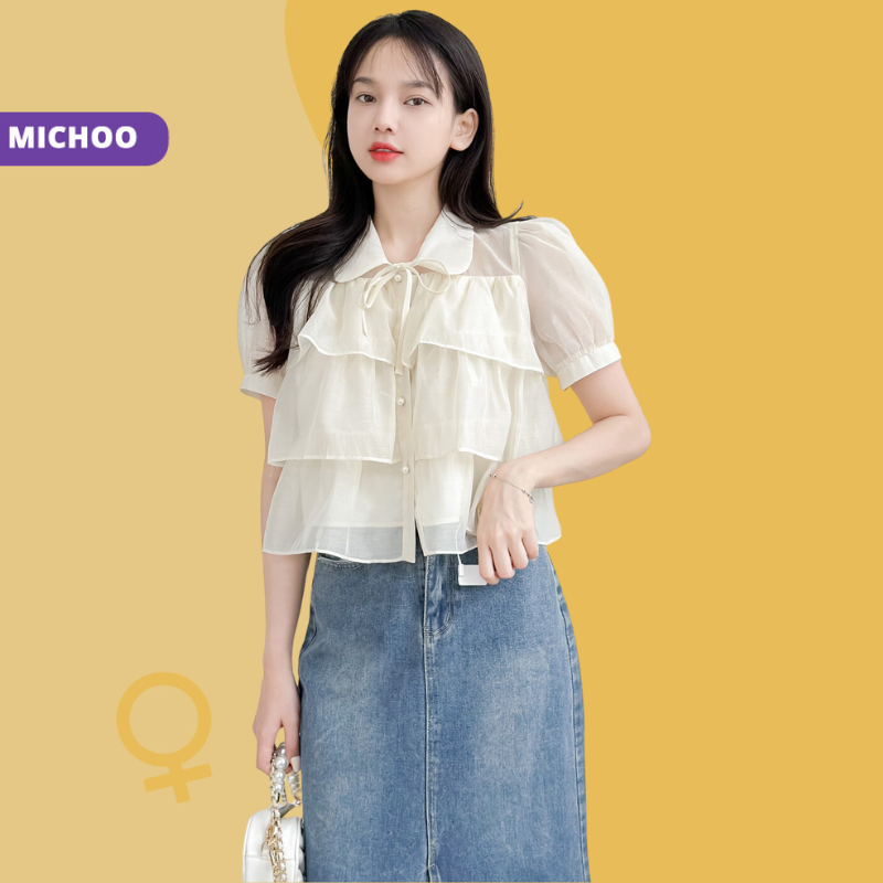 Áo Sơ Mi Voan 3 Tầng MICHOO Cổ Sen Phối Nơ 4 Màu