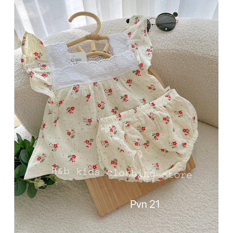 Bộ Xô Musline Cộc Tay Bé Gái 6-16kg Chất Mềm Mát Ren Phối Tay Bèo, Bộ Xô Mặc Hè Cho Bé - AN.KID