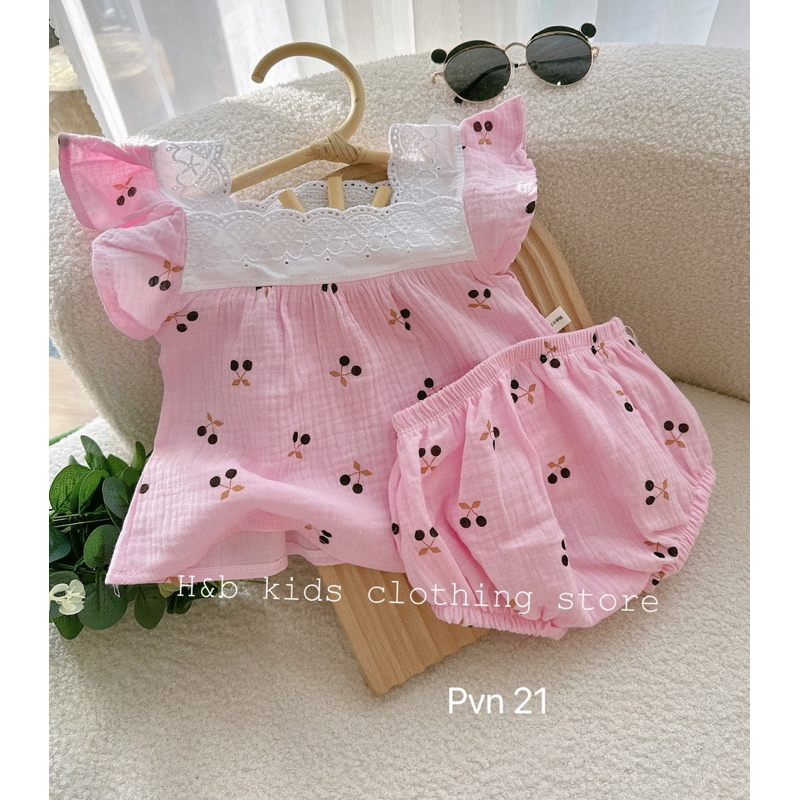 Bộ Xô Musline Cộc Tay Bé Gái 6-16kg Chất Mềm Mát Ren Phối Tay Bèo, Bộ Xô Mặc Hè Cho Bé - AN.KID