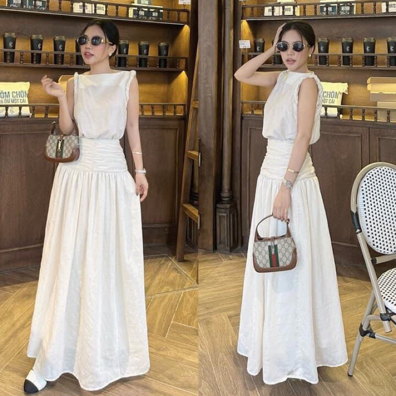 ( Chuẩn L1 Ảnh Thật ) Set Áo Sát Nách Đũi Tết Xoắn Kiểu Chân Váy Midi Dáng Dài Bo Nhún Eo Xoè Màu Trắng Tiểu Thư Đi Biển